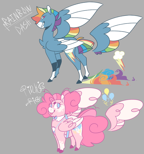 Size: 2437x2601 | Tagged: safe, artist:kingjunkie, derpibooru import, pinkie pie, rainbow dash, pegasus, pony, leak, spoiler:g5, colored wings, duo, female, folded wings, g5, hooves, mare, multicolored wings, pegasus pinkie pie, pinkie pie (g5), race swap, rainbow dash (g5), rainbow wings, redesign, simple background, spread wings, tongue out, wings