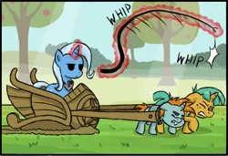 Size: 671x458 | Tagged: safe, artist:crimsonbugeye, derpibooru import, edit, snails, snips, trixie, pony, unicorn, magic duel, alicorn amulet, amulet, bucktooth, bullwhip, chariot, cropped, don't trust wheels, eyes closed, female, foal, glowing horn, harness, horn, jewelry, magic, magic abuse, magic aura, male, mare, pulling, slavery, straining, tack, telekinesis, tree, whip, whipping