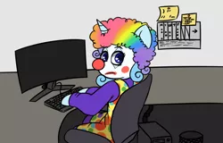 Size: 5014x3218 | Tagged: safe, artist:maxisb8, derpibooru import, oc, oc:wavebud, unofficial characters only, pony, unicorn, clown, clown makeup, clown nose, computer, female, keyboard, loss (meme), mare, meme, monitor, office chair, parody, solo