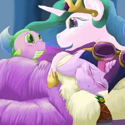 Size: 1584x1584 | Tagged: safe, artist:firefanatic, derpibooru import, princess celestia, spike, twilight sparkle, twilight sparkle (alicorn), alicorn, dragon, pony, bags under eyes, bed, boots, clothes, comforting, crossover, crying, description is relevant, goggles, minecraft, runny nose, shoes, sick, smiling, story included, tears of joy, teary eyes, thaumcraft, worried