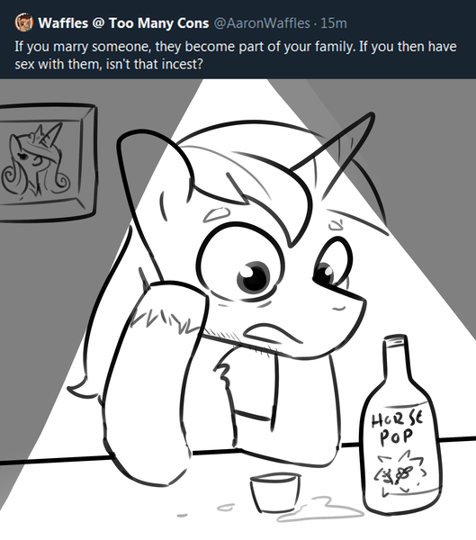 Size: 2250x2550 | Tagged: safe, artist:tjpones, derpibooru import, princess cadance, shining armor, alicorn, pony, unicorn, amazing horse, despair, female, grayscale, horse pop, male, mare, meta, monochrome, overthinking it, sad, shining armor is a goddamn moron, stallion, twitter