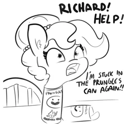 Size: 2250x2250 | Tagged: safe, artist:tjpones, derpibooru import, oc, oc:brownie bun, unofficial characters only, earth pony, pony, horse wife, adorable distress, black and white, cartoon physics, chips, cute, dialogue, female, food, grayscale, how, if i fits i sits, jewelry, lawyer-friendly names, mare, monochrome, necklace, open mouth, pearl necklace, potato chips, pringles, silly, silly pony, solo, stuck