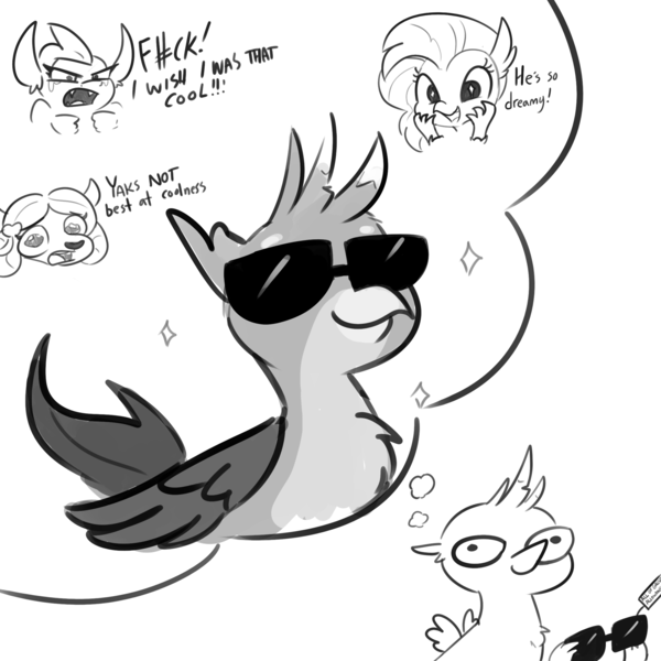 Size: 2250x2250 | Tagged: safe, artist:tjpones, derpibooru import, gallus, silverstream, smolder, yona, dragon, gryphon, hippogriff, yak, birb, black and white, censored vulgarity, cool, daydream, expensive, female, gallstream, grawlixes, grayscale, male, monochrome, shipping, straight, sunglasses, swag, this will end in tears, vulgar