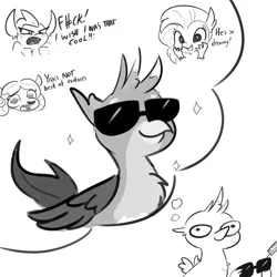 Size: 2250x2250 | Tagged: safe, artist:tjpones, derpibooru import, gallus, silverstream, smolder, yona, dragon, gryphon, hippogriff, yak, birb, black and white, censored vulgarity, cool, daydream, expensive, female, gallstream, grawlixes, grayscale, male, monochrome, shipping, straight, sunglasses, swag, this will end in tears, vulgar