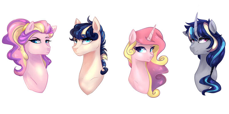 Size: 3000x1500 | Tagged: safe, artist:kraytt-05, derpibooru import, princess skyla, oc, oc:amor de la cielo, oc:azure, oc:staccato dell'amore, pony, pandoraverse, bust, female, interdimensional siblings, male, mare, offspring, parent:princess cadance, parent:shining armor, parents:shiningcadance, siblings, simple background, stallion, white background