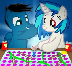 Size: 3600x3300 | Tagged: safe, artist:agkandphotomaker2000, derpibooru import, vinyl scratch, oc, oc:pony video maker, pegasus, pony, unicorn, board game, canon x oc, case, dice, female, male, shaking the dice, shipping, simple background, snakes and ladders, soda, straight, transparent case, videoscratch