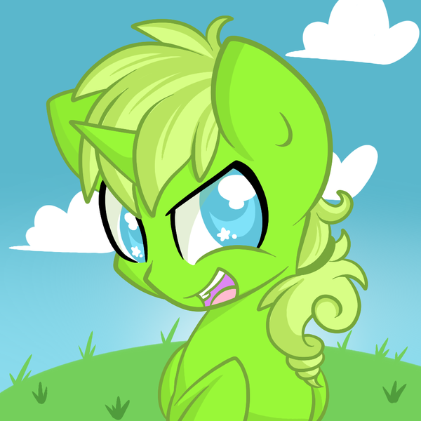 Size: 1024x1024 | Tagged: safe, artist:starlightlore, derpibooru import, oc, oc:pear bloom, unofficial characters only, pony, unicorn, bust, cloud, grass, horn, open mouth, raised hoof, solo, starry eyes, unicorn oc, wingding eyes