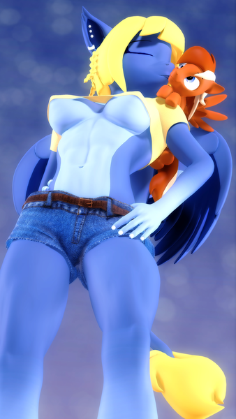 Size: 4320x7680 | Tagged: safe, artist:flushthebatsanta, derpibooru import, oc, oc:kofee, oc:pietas lazuli, anthro, pegasus, pony, sphinx, 3d, blue eyes, blue skin, breasts, brown hair, brown skin, clothes, ear piercing, giant sphinx, kiss on the cheek, kissing, nexgen, pale belly, pegasus oc, piercing, shirt, shorts, source filmmaker, sphinx oc, underboob, wings, yellow hair