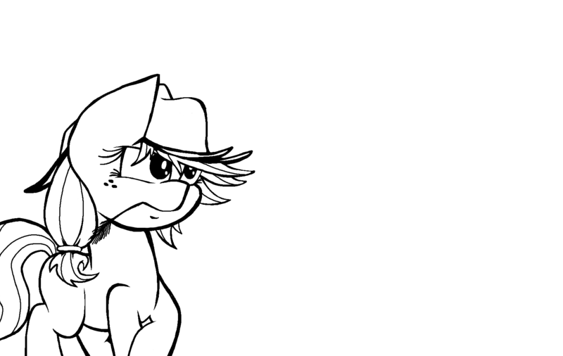 Size: 1708x1080 | Tagged: safe, artist:lucas_gaxiola, derpibooru import, applejack, earth pony, pony, female, hat, lineart, mare, monochrome, raised hoof, simple background, solo, straw in mouth, white background