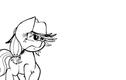 Size: 1708x1080 | Tagged: safe, artist:lucas_gaxiola, derpibooru import, applejack, earth pony, pony, female, hat, lineart, mare, monochrome, raised hoof, simple background, solo, straw in mouth, white background