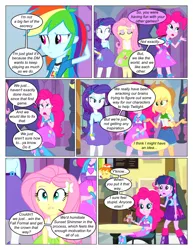 Size: 612x792 | Tagged: safe, artist:greatdinn, artist:newbiespud, derpibooru import, edit, edited screencap, screencap, applejack, fluttershy, pinkie pie, rainbow dash, rarity, sci-twi, twilight sparkle, comic:friendship is dragons, equestria girls, equestria girls (movie), arm behind head, clothes, collaboration, comic, cutie mark, cutie mark on clothes, dialogue, eyes closed, female, hairpin, hat, humane five, humane six, screencap comic, sitting, table