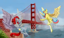 Size: 2048x1229 | Tagged: safe, artist:gallopcrush1983, derpibooru import, oc, oc:gallop crush, oc:golden gates, unofficial characters only, pegasus, pony, babscon, babscon mascots, bridge, golden gate bridge, image, jpeg, mascot, ocean, san francisco
