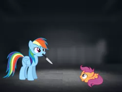 Size: 1369x1032 | Tagged: abuse, background pony strikes again, derpibooru import, female, filly, knife, mare, out of character, rainbow dash, scootabuse, scootaloo, semi-grimdark, this will end in death, this will end in tears, this will end in tears and/or death