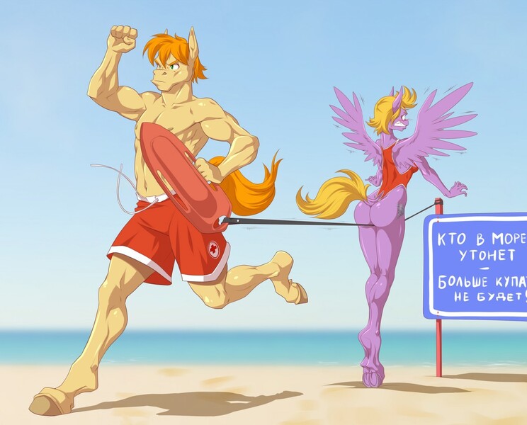Size: 1280x1032 | Tagged: questionable, artist:doomy, derpibooru import, oc, oc:airily gale, oc:wit ray, unofficial characters only, anthro, earth pony, pegasus, unguligrade anthro, ass, beach, beach patrol, blushing, board, breasts, butt, clothes, cutie mark, digital art, duo, female, gritted teeth, male, muscles, ocean, one-piece swimsuit, pecs, sand, shorts, signboard, sky, swimsuit, tail, thong swimsuit, wedgie, wings