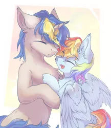 Size: 1670x1920 | Tagged: safe, alternate version, artist:三月, derpibooru import, rainbow dash, oc, oc:dopami korpela, pegasus, pony, unicorn, canon x oc, color correction, cute, dashabetes, dopadash, eyes closed, female, hug, male, mare, one eye closed, shipping, smiling, stallion, straight