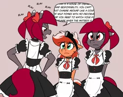 Size: 1404x1106 | Tagged: safe, artist:whatsapokemon, derpibooru import, oc, oc:ruby streak, oc:sage, oc:thyme, unofficial characters only, anthro, earth pony, bow, clothes, female, freckles, hair bow, hand on hip, maid, mistress, speech, talking