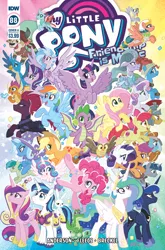 Size: 659x1000 | Tagged: safe, artist:tonyfleecs, deleted from derpibooru, derpibooru import, idw, angel bunny, apple bloom, applejack, derpy hooves, flash magnus, fluttershy, gallus, gummy, meadowbrook, mistmane, ocellus, owlowiscious, pinkie pie, princess cadance, princess celestia, princess flurry heart, princess luna, rainbow dash, rarity, rockhoof, sandbar, scootaloo, shining armor, silverstream, smolder, somnambula, spike, starlight glimmer, stygian, sweetie belle, tank, tempest shadow, trixie, twilight sparkle, twilight sparkle (alicorn), yona, alicorn, alligator, bird, changedling, changeling, classical hippogriff, dragon, earth pony, gryphon, hippogriff, owl, pegasus, pony, rabbit, tortoise, unicorn, yak, spoiler:comic, spoiler:comic88, :p, animal, armor, baby, baby pony, bow, broken horn, cloven hooves, colored hooves, confetti, cover, cowboy hat, cutie mark crusaders, dragoness, female, filly, firebreathing, flying, hair bow, hat, helmet, horn, jewelry, male, mane seven, mane six, mare, monkey swings, necklace, smiling, stallion, student six, teenager, tongue out, unshorn fetlocks, wall of tags, winged spike