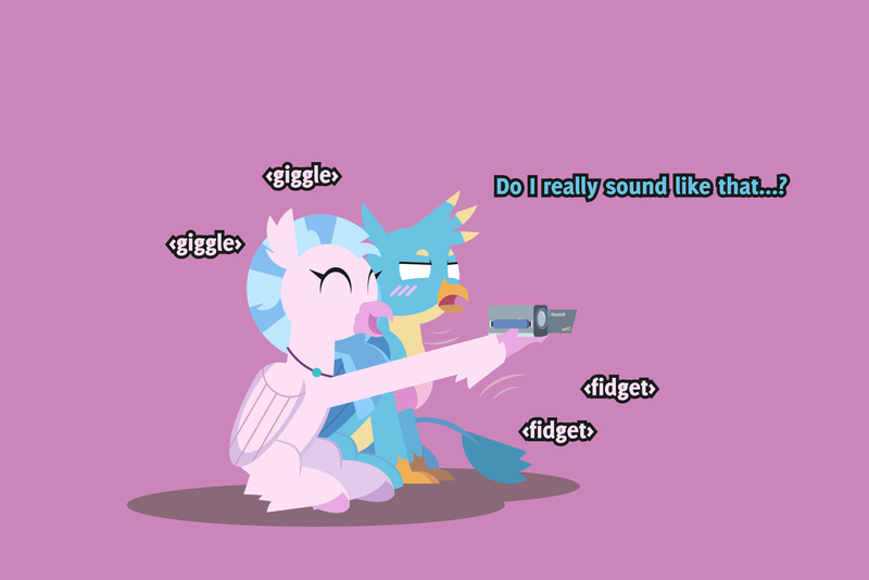 Size: 2207x1474 | Tagged: safe, artist:gd_inuk, derpibooru import, gallus, silverstream, classical hippogriff, gryphon, hippogriff, blushing, cute, diastreamies, duo, eyes closed, female, gallabetes, gallus is not amused, giggling, hug, male, pink background, simple background, sitting, unamused, video camera