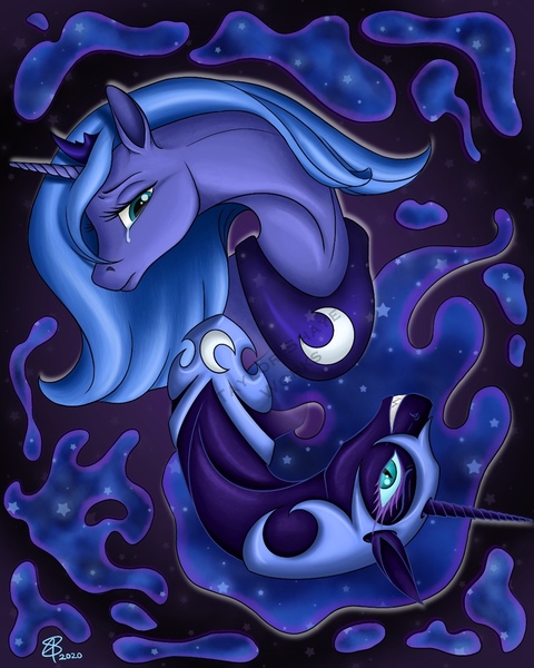 Size: 1080x1350 | Tagged: safe, artist:onyxshaye, derpibooru import, nightmare moon, princess luna, alicorn, pony, duality, evil grin, female, grin, mare, mirrored, no more ponies at source, s1 luna, signature, smiling, teary eyes, watermark