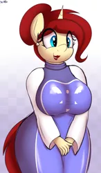 Size: 1844x3148 | Tagged: safe, artist:an-tonio, derpibooru import, oc, oc:golden brooch, unofficial characters only, anthro, unicorn, anthro oc, big breasts, breasts, clothes, cosplay, costume, crossover, cute, lipstick, solo, toriel, undertale