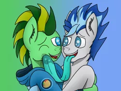 Size: 4032x3024 | Tagged: safe, artist:tacomytaco, derpibooru import, oc, oc:aspen volare, oc:taco.m.tacoson, unofficial characters only, pegasus, pony, bipedal, clothes, commission, cuddling, drool, face licking, gradient background, hoodie, hug, licking, long tongue, male, one eye closed, tongue out