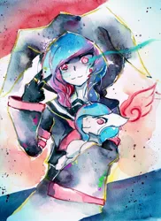 Size: 1600x2193 | Tagged: safe, artist:mashiromiku, derpibooru import, oc, oc:mimi, human, pony, holding a pony, human ponidox, humanized, self ponidox, traditional art, watercolor painting