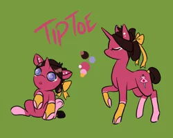 Size: 1000x800 | Tagged: safe, artist:lavvythejackalope, derpibooru import, oc, oc:tiptoe, unofficial characters only, pony, unicorn, :o, baby, baby pony, bow, duo, ear piercing, eyes closed, female, hair bow, horn, leg warmers, mare, open mouth, piercing, raised hoof, reference sheet, simple background, sitting, text, underhoof, unicorn oc, wide eyes