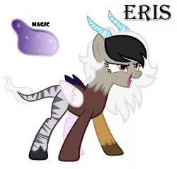 Size: 1396x1336 | Tagged: safe, artist:soarindash10, derpibooru import, oc, oc:eris, unofficial characters only, hybrid, pony, base used, fangs, hoof fluff, horns, interspecies offspring, magic, magic aura, next generation, offspring, parent:discord, parent:princess celestia, parents:dislestia, simple background, solo, xk-class end-of-the-world scenario, zebra stripes