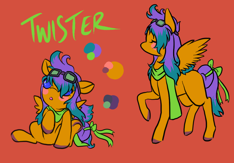 Size: 1000x700 | Tagged: safe, artist:lavvythejackalope, derpibooru import, oc, oc:twister, unofficial characters only, pegasus, pony, :o, baby, baby pony, blush sticker, blushing, bow, clothes, colored hooves, duo, eyes closed, goggles, open mouth, pegasus oc, raised hoof, reference sheet, scarf, simple background, sitting, tail bow, text, underhoof, wide eyes, wings