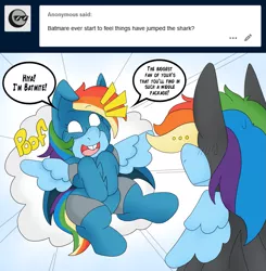 Size: 1983x2020 | Tagged: artist:blackbewhite2k7, ask, baby, baby dash, batman, batmare, batmite, clothes, comic, costume, crossover, derpibooru import, imp, parody, rainbow dash, safe, tumblr, younger