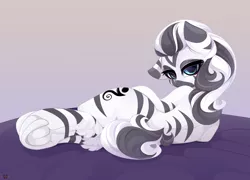 Size: 5000x3600 | Tagged: artist:xsatanielx, commission, derpibooru import, female, frog (hoof), looking at you, oc, oc:tera infomare, rcf community, safe, semi-anthro, solo, underhoof, unofficial characters only, zebra, zebra oc