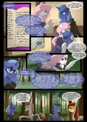 Size: 1240x1754 | Tagged: safe, artist:lunarcakez, derpibooru import, princess celestia, princess luna, oc, oc:mazzy, oc:scarlett rain, earth pony, pony, comic:the origins of hollow shades, cloak, clothes, comic, hug, pink-mane celestia, s1 luna