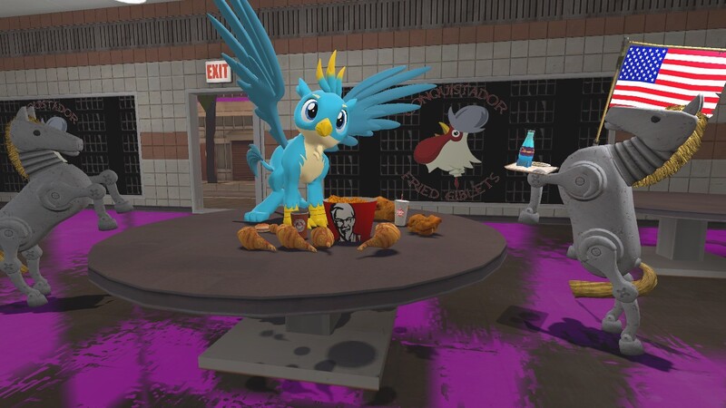 Size: 1280x720 | Tagged: 3d, artist:horsesplease, carnivore, chicken meat, derpibooru import, flag, food, fried chicken, gallus, gallus the rooster, giddyup buttercup, gmod, griffons doing griffon things, kfc, meat, safe, united states