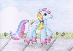 Size: 900x630 | Tagged: artist:normaleeinsane, bow, derpibooru import, hair bow, rainbow dash (g3), roller skates, safe, solo, traditional art