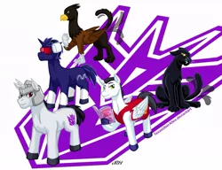 Size: 1024x787 | Tagged: safe, artist:texasuberalles, derpibooru import, ponified, big cat, gryphon, jaguar (animal), pegasus, pony, unicorn, book, colored hooves, crossover, decepticon, fanfic art, griffonized, headphones, helmet, hoof hold, laserbeak, looking at you, looking back, male, megatron, ravage, reading, simple background, soundwave, species swap, stallion, starscream, sunglasses, transformers, white background