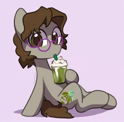 Size: 1902x1869 | Tagged: safe, artist:dawnfire, derpibooru import, part of a set, oc, oc:dank nugs, unofficial characters only, earth pony, pony, commission, cup, drink, drinking straw, food, glasses, sitting, solo, straw, whipped cream