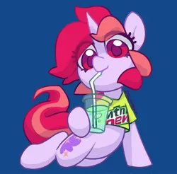 Size: 1902x1869 | Tagged: safe, artist:dawnfire, derpibooru import, part of a set, oc, oc:dawnfire, unofficial characters only, pony, unicorn, bendy straw, clothes, cup, drinking, drinking straw, eye clipping through hair, female, looking at you, lying down, mare, mountain dew, shirt, solo, straw