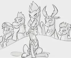 Size: 2479x2003 | Tagged: safe, artist:kam, deleted from derpibooru, derpibooru import, garble, pharynx, sky beak, soarin', sunburst, thorax, changedling, changeling, classical hippogriff, dragon, hippogriff, pony, unicorn, black and white, changedling brothers, grayscale, implied incest, king thorax, lineart, monochrome, piper perri surrounded, prince pharynx