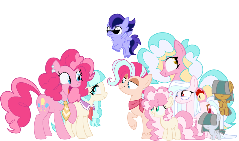 Size: 1823x1077 | Tagged: safe, artist:peanutthechub, derpibooru import, coco pommel, li'l cheese, pinkie pie, oc, oc:boneless, oc:chesaspeake, oc:chimiberry cherry changa, oc:chocolate hordevre, oc:mud, oc:stone, classical hippogriff, hippogriff, pegasus, pony, the last problem, adopted offspring, baby, baby pony, cocopie, colt, female, filly, lesbian, magical lesbian spawn, male, mare, offspring, parents:cocopie, shipping, simple background, stallion, sunglasses, transparent background