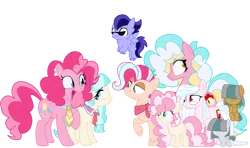 Size: 1823x1077 | Tagged: safe, artist:peanutthechub, derpibooru import, coco pommel, li'l cheese, pinkie pie, oc, oc:boneless, oc:chesaspeake, oc:chimiberry cherry changa, oc:chocolate hordevre, oc:mud, oc:stone, classical hippogriff, hippogriff, pegasus, pony, the last problem, adopted offspring, baby, baby pony, cocopie, colt, female, filly, lesbian, magical lesbian spawn, male, mare, offspring, parents:cocopie, shipping, simple background, stallion, sunglasses, transparent background
