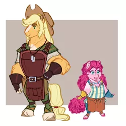 Size: 6600x6600 | Tagged: safe, artist:earthsong9405, deleted from derpibooru, derpibooru import, applejack, pinkie pie, anthro, earth pony, unguligrade anthro, fanfic:azure edge, apron, blacksmith, clothes, dog tags, fanfic art, female, larger female, mare, simple background, size difference, smol