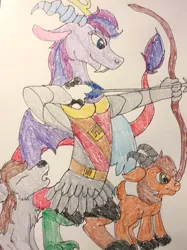 Size: 400x534 | Tagged: safe, artist:wolfspiritclan, derpibooru import, oc, oc:adean the draconequus, oc:goat, oc:mika, draconequus, goat, wolf, inspired, original character do not steal, traditional art