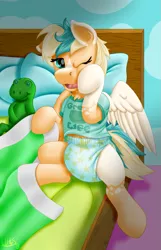 Size: 825x1280 | Tagged: safe, artist:wittleskaj, derpibooru import, oc, oc:sun light, unofficial characters only, frog, pegasus, pony, bed, clothes, cute, diaper, female, filly, foal, morning, pegasus oc, plushie, pullup (diaper), shirt, sleepy, wings, yawn