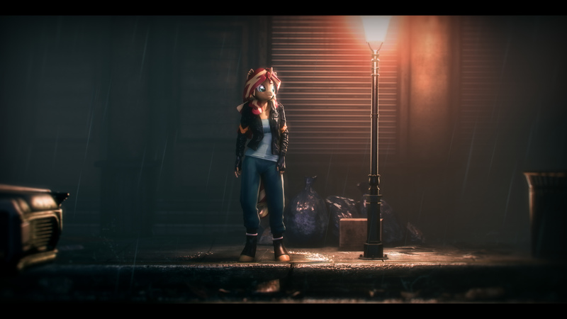 Size: 9600x5400 | Tagged: safe, artist:imafutureguitarhero, derpibooru import, sunset shimmer, anthro, unguligrade anthro, unicorn, 3d, absurd resolution, black bars, bloom, boots, car, cardboard box, chromatic aberration, clothes, colored eyebrows, colored eyelashes, ear piercing, earring, equestria girls anthropized, equestria girls outfit, female, film grain, fingerless gloves, gloves, glow, horn, jacket, jeans, jewelry, lamppost, leather, leather boots, leather gloves, leather jacket, litter, long hair, long mane, mare, multicolored hair, multicolored mane, multicolored tail, night, outdoors, pants, pavement, piercing, rain, revamped anthros, revamped ponies, shirt, shoes, sidewalk, signature, solo, source filmmaker, street, streetlight, trash, trash can, vehicle, wall of tags, wet, wet clothes, wet mane