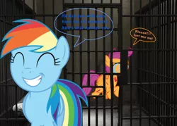 Size: 1500x1071 | Tagged: abuse, background pony strikes again, bruised, crying, cut, derpibooru import, dialogue, flying, jail, out of character, rainbow dash, rainbow douche, scar, scootabuse, scootaloo, semi-grimdark, text
