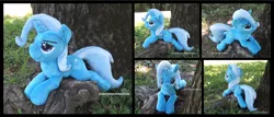 Size: 4102x1754 | Tagged: safe, artist:peruserofpieces, derpibooru import, trixie, pony, unicorn, beanie (plushie), female, horn, irl, looking at you, mare, photo, plushie, prone, smug, solo, tree