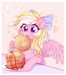 Size: 1354x1536 | Tagged: artist:whiteliar, blushing, bow, chest fluff, cute, derpibooru import, ear fluff, female, food, hair bow, mare, nom, oc, oc:bay breeze, ocbetes, pancakes, pegasus, safe, simple background, unofficial characters only, weapons-grade cute