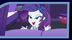 Size: 1920x1080 | Tagged: safe, derpibooru import, screencap, rarity, driving miss shimmer, equestria girls, equestria girls series, cute, driving miss shimmer: rarity, female, geode of shielding, lidded eyes, limousine, magical geodes, open mouth, raribetes, smiling, solo