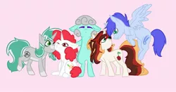 Size: 2048x1075 | Tagged: safe, artist:cloudberry mess, derpibooru import, oc, oc:blue resonance, oc:minty, oc:patch, oc:scarlet serenade, oc:silver bullet, unofficial characters only, earth pony, pegasus, pony, unicorn, cheek squish, cutie mark, female, flying, group, group hug, hug, male, mare, squishy cheeks, stallion, wings
