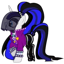 Size: 4365x4366 | Tagged: safe, artist:severity-gray, derpibooru import, coloratura, oc, oc:coldlight bluestar, unofficial characters only, pony, unicorn, the mane attraction, bracelet, clothes, collar, countess coloratura, female, image, jewelry, latex, latex pants, makeup, mare, pants, png, ponytail, rubber, simple background, singer, solo, tail, transparent background, veil